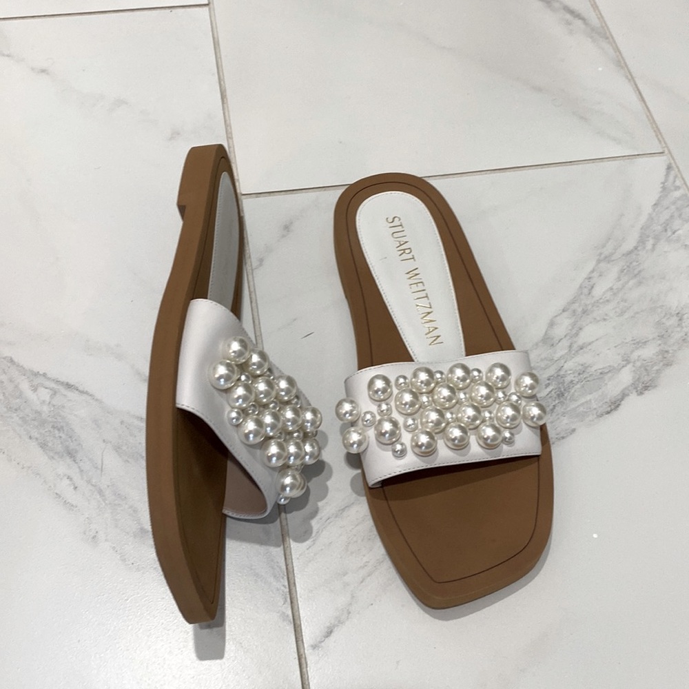 These are Stuart Weitzman sandals, brown and white with pearl embellishments. - Picture 1 of 2